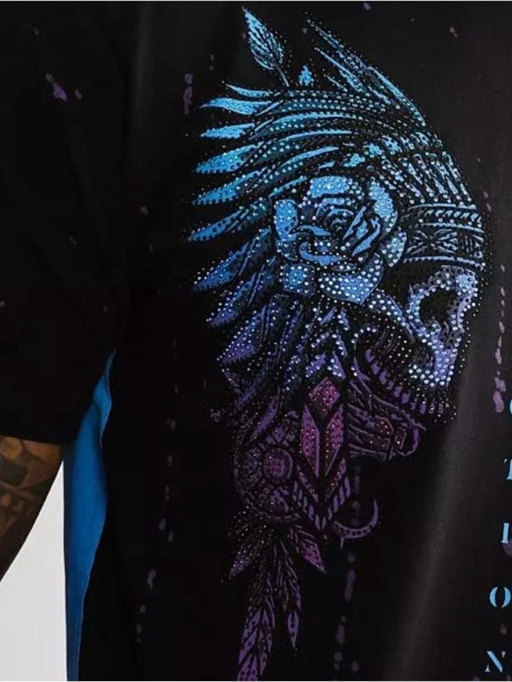 Affliction Black Long Sleeve Tee with Blue and Purple Skull Headdress Graphic